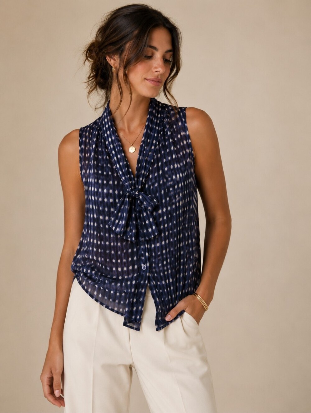 Tara Jarmon Paris (295$) | Tie-Neck Sleeveless Blouse, Size 38